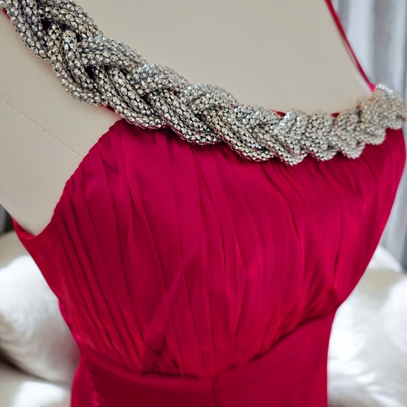 Bebe ✦ Red Satin One-Shoulder Top ✦ Braided Beaded Strap Ruched Bodice M EUC - Picture 3 of 16
